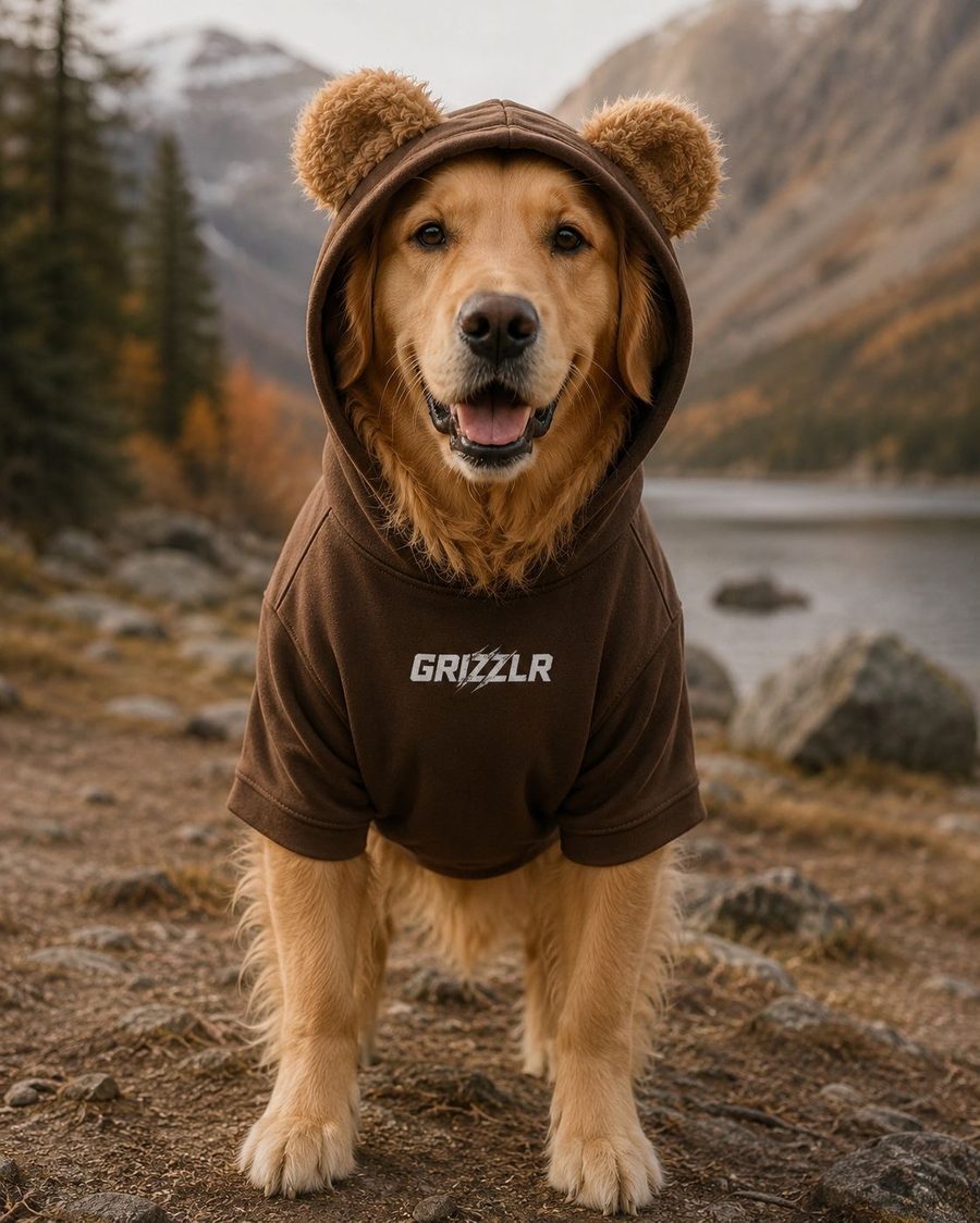 Golden Retriever wearing the Grizzy hoodie in Kodiak Coat brown, bear ears up, mountain backdrop